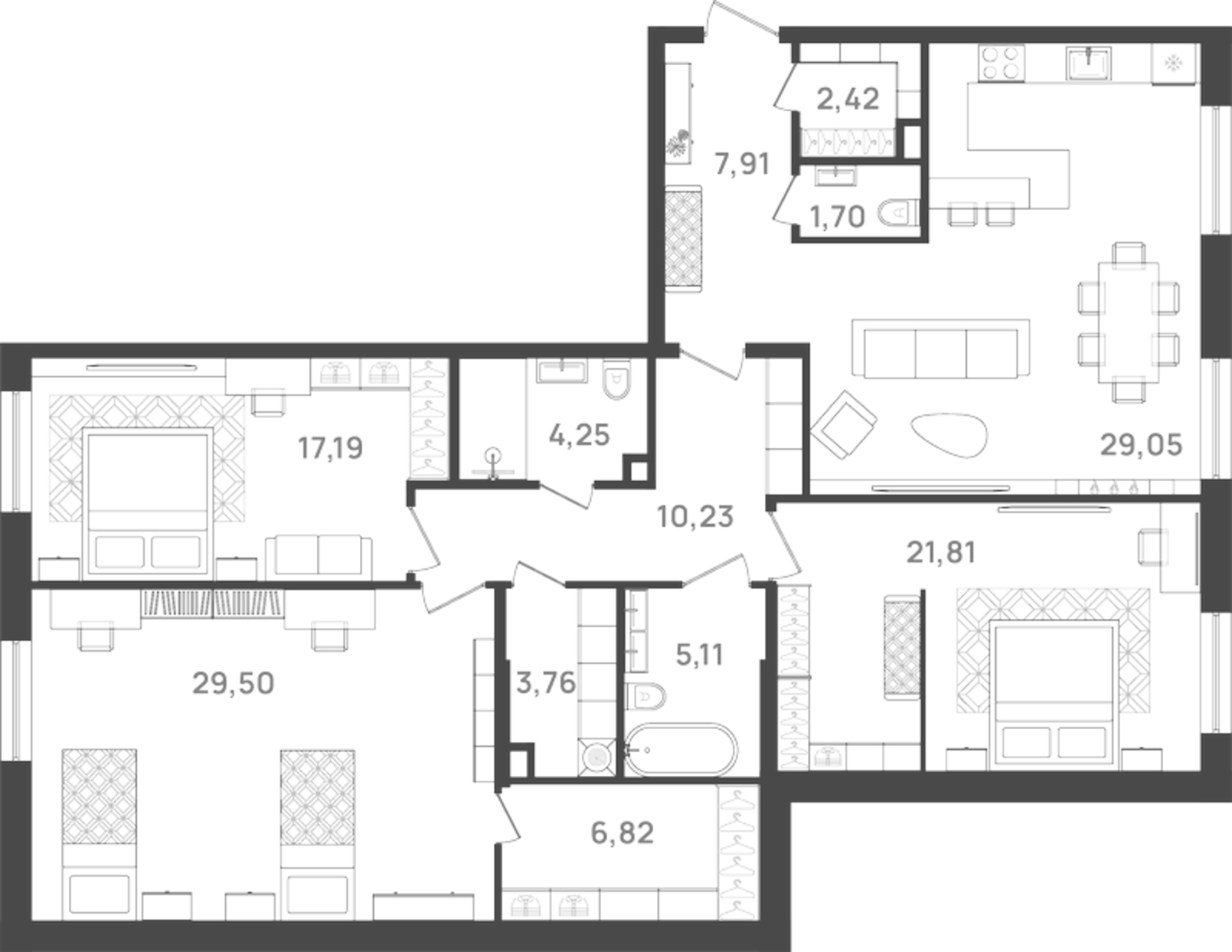 Планировка — VI квартал, 4-комн., 140 м²