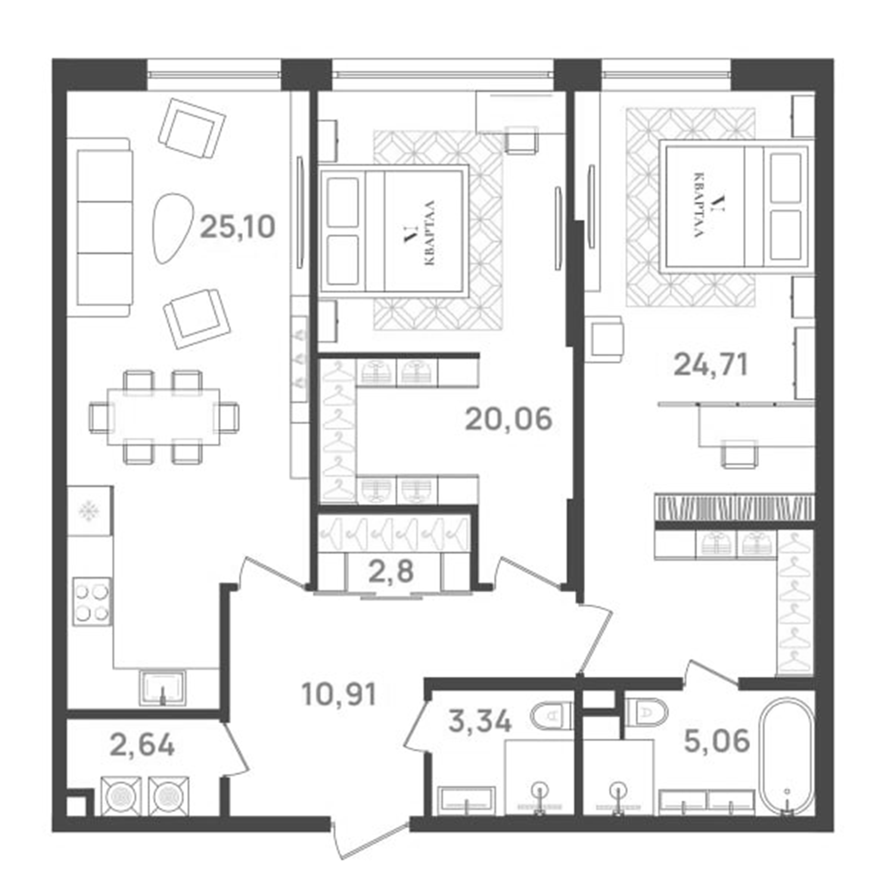 Планировка — VI квартал, 3-комн., 94 м²