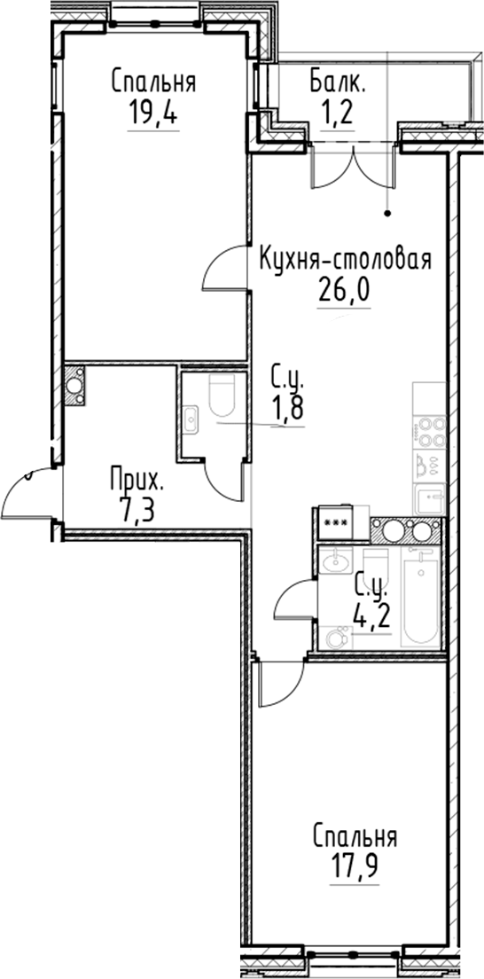 Планировка — Моисеенко, 10, 3-комн., 77 м²