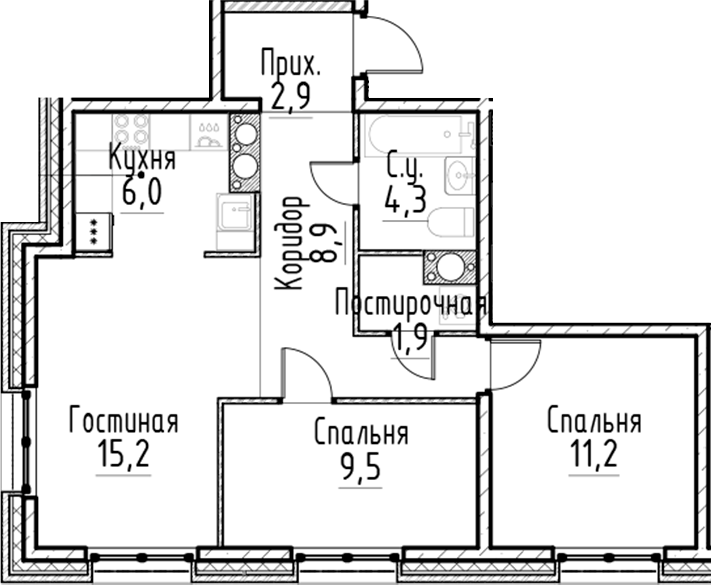 Планировка — Моисеенко, 10, 3-комн., 60 м²