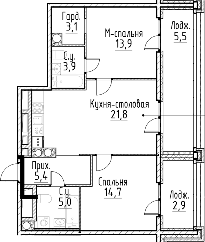 Планировка — Моисеенко, 10, 3-комн., 68 м²