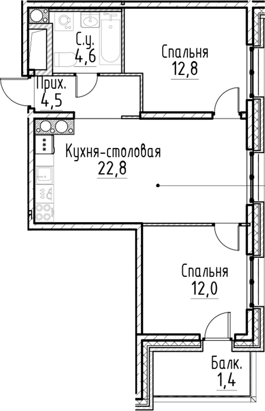 Планировка — Моисеенко, 10, 3-комн., 57 м²