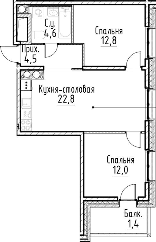 Планировка — Моисеенко, 10, 3-комн., 57 м²
