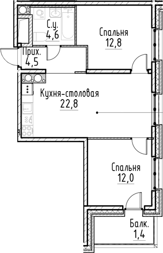 Планировка — Моисеенко, 10, 3-комн., 57 м²