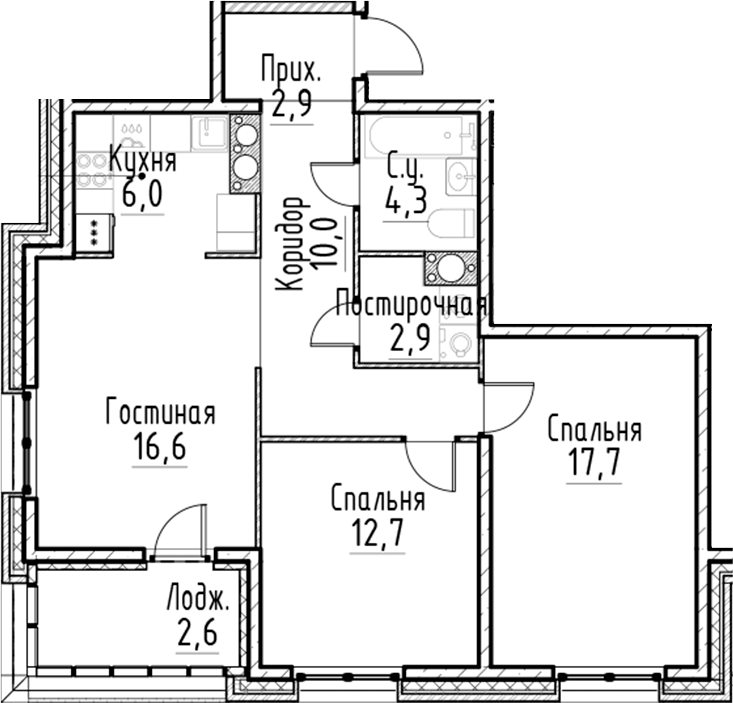 Планировка — Моисеенко, 10, 3-комн., 73 м²