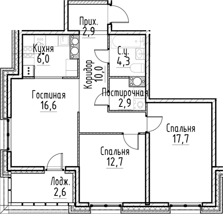Планировка — Моисеенко, 10, 3-комн., 73 м²