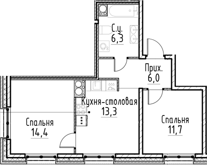 Планировка — Моисеенко, 10, 3-комн., 52 м²