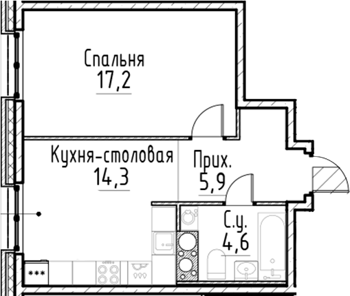 Планировка — Моисеенко, 10, 2-комн., 42 м²