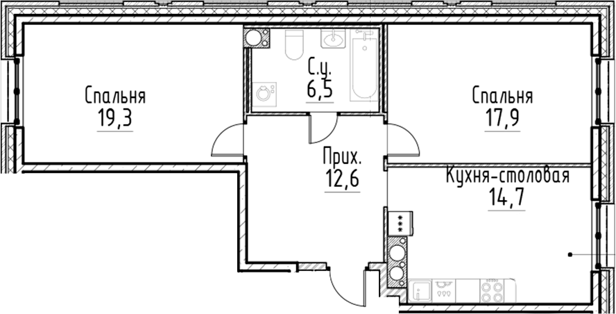 Планировка — Моисеенко, 10, 3-комн., 71 м²