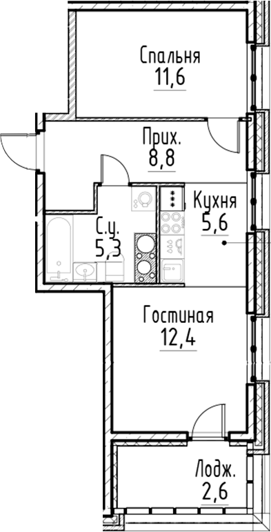 Планировка — Моисеенко, 10, 2-комн., 44 м²