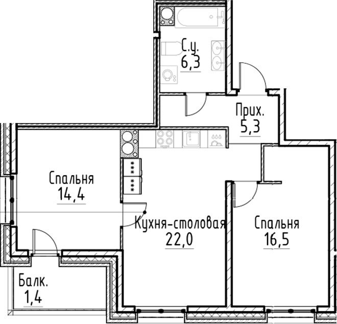 Планировка — Моисеенко, 10, 3-комн., 65 м²