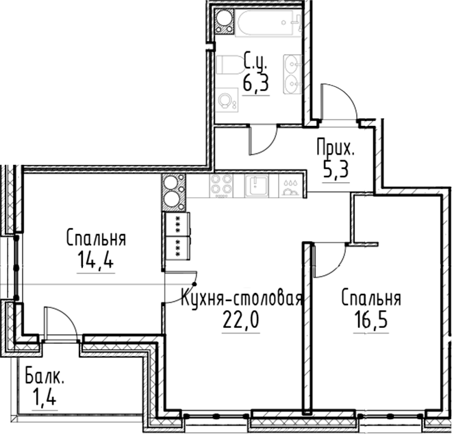 Планировка — Моисеенко, 10, 3-комн., 65 м²