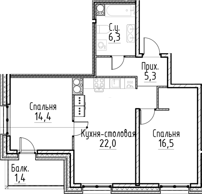 Планировка — Моисеенко, 10, 3-комн., 65 м²