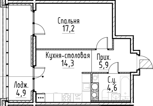 Планировка — Моисеенко, 10, 2-комн., 42 м²