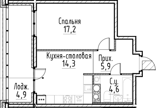 Планировка — Моисеенко, 10, 2-комн., 42 м²