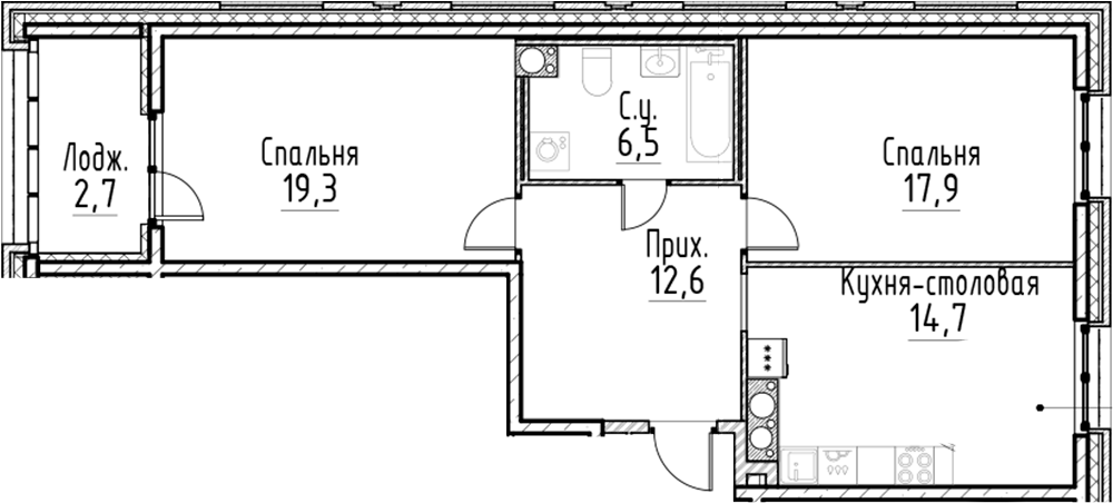 Планировка — Моисеенко, 10, 3-комн., 71 м²