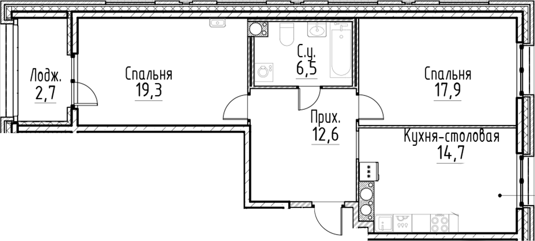 Планировка — Моисеенко, 10, 3-комн., 71 м²