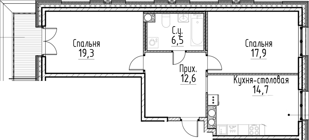Планировка — Моисеенко, 10, 3-комн., 71 м²