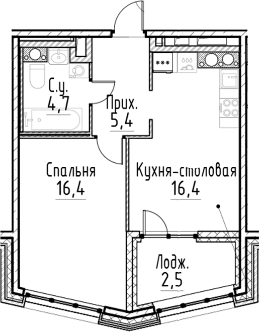 Планировка — Моисеенко, 10, 2-комн., 43 м²