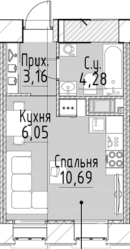 Планировка — Моисеенко, 10, Студия, 25 м²