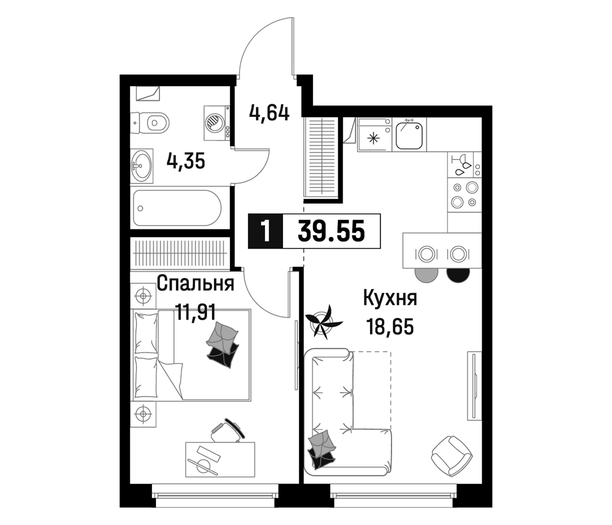 Планировка — Максималист, 2-комн., 40 м²