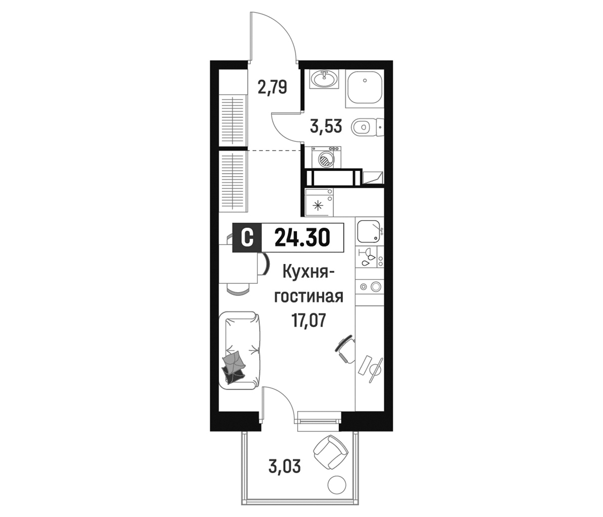 Планировка — Максималист, Студия, 23 м²