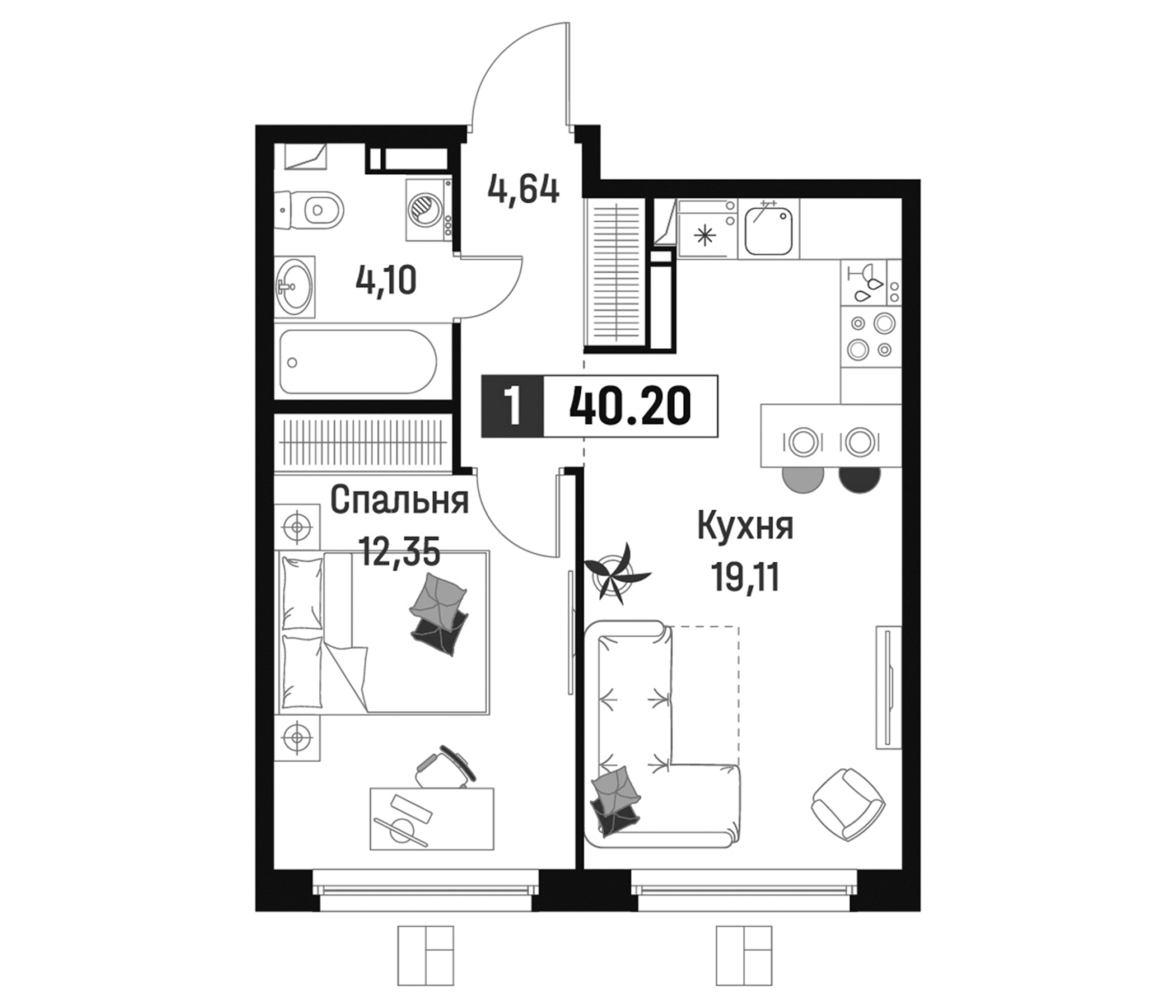 Планировка — Максималист, 2-комн., 40 м²