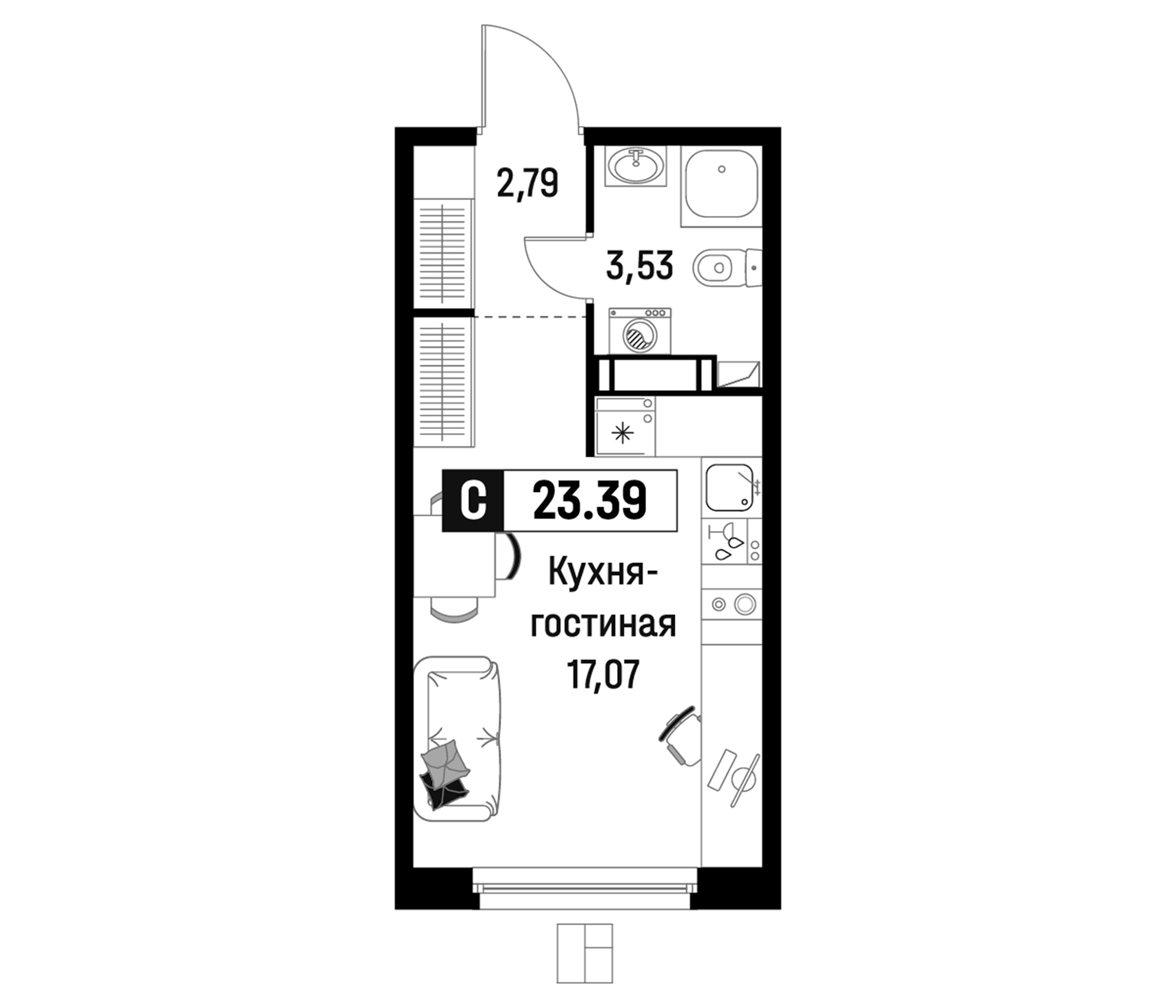 Планировка — Максималист, Студия, 23 м²