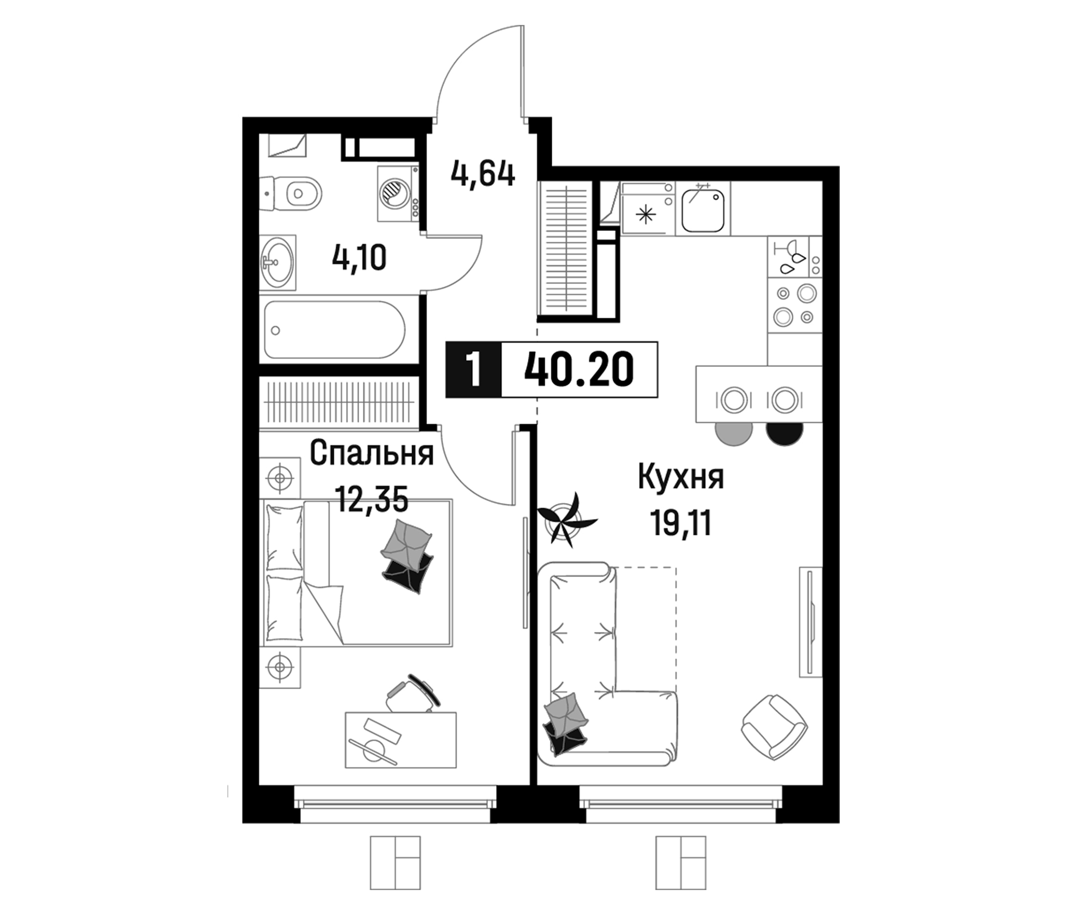 Планировка — Максималист, 2-комн., 40 м²