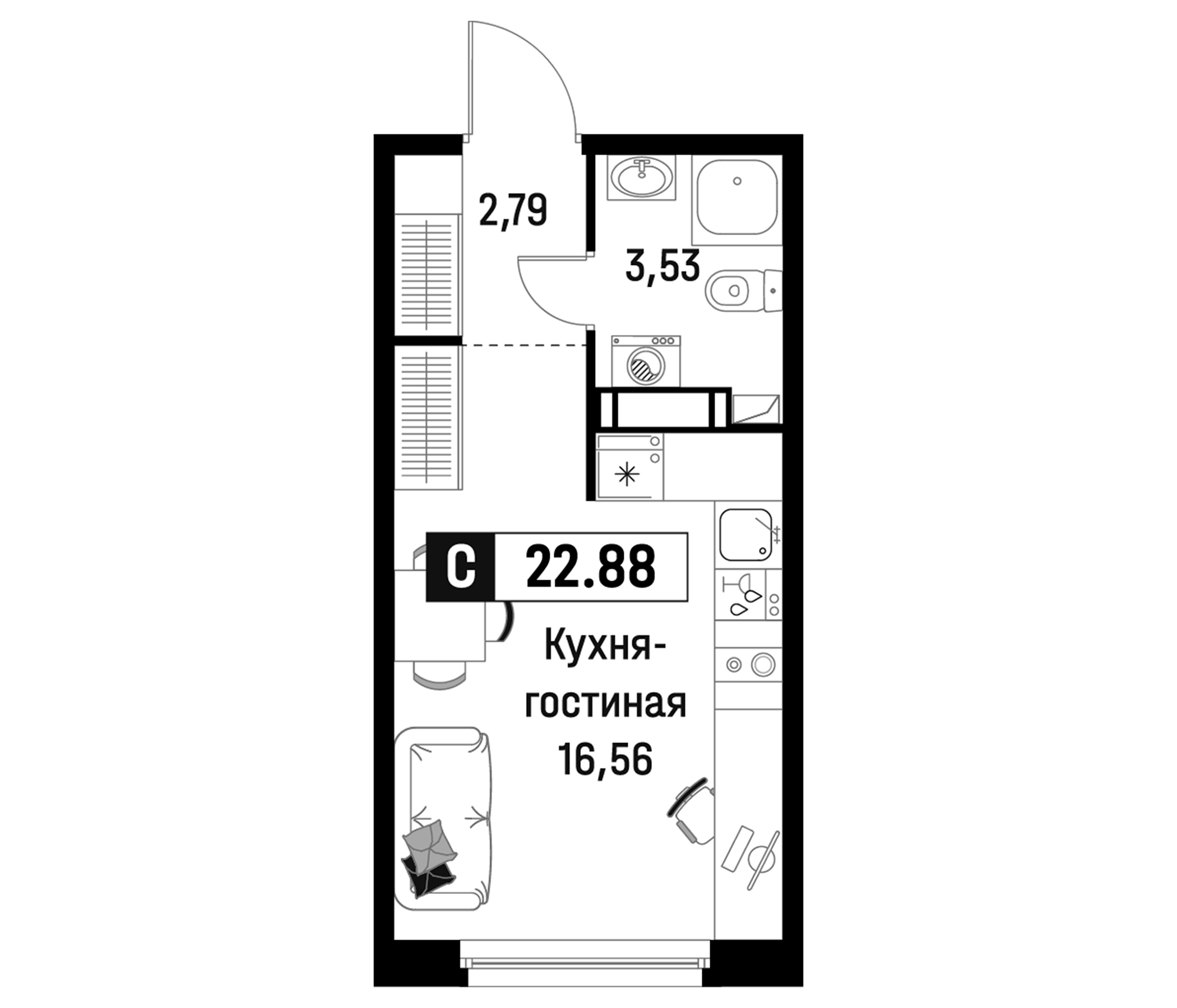 Планировка — Максималист, Студия, 23 м²