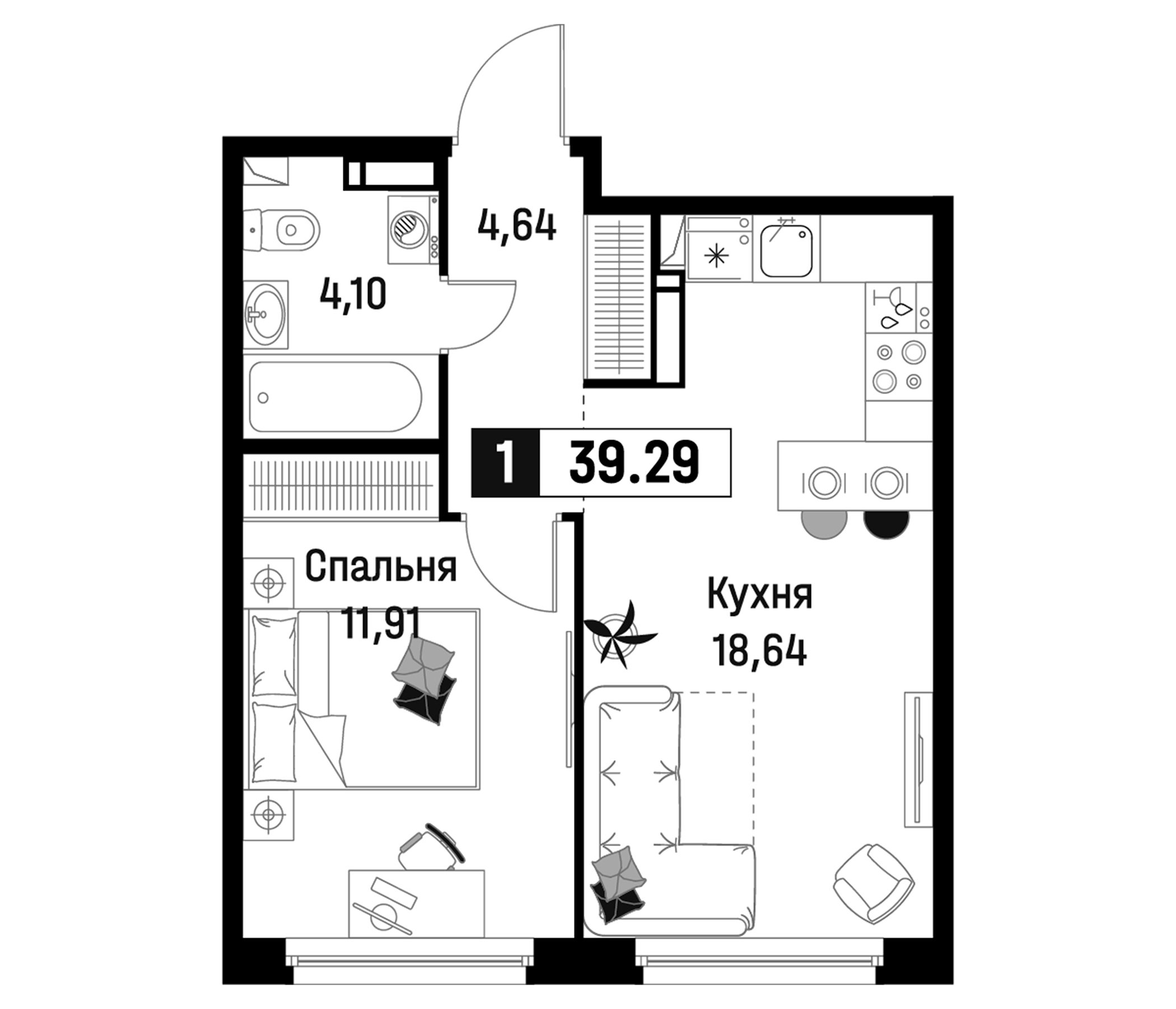 Планировка — Максималист, 2-комн., 39 м²