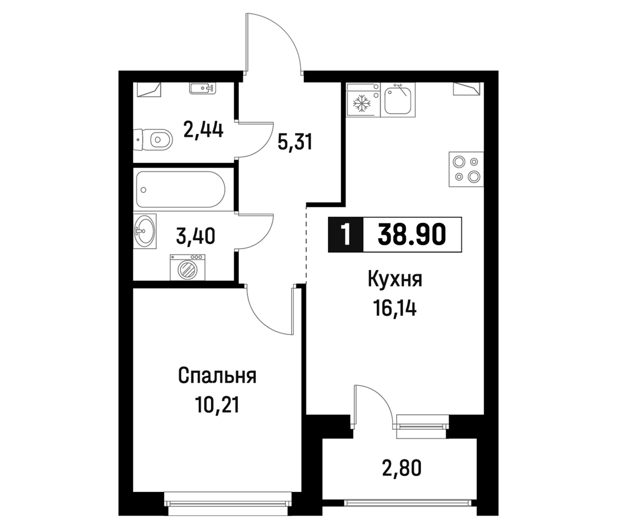 Планировка — Максималист, 2-комн., 38 м²