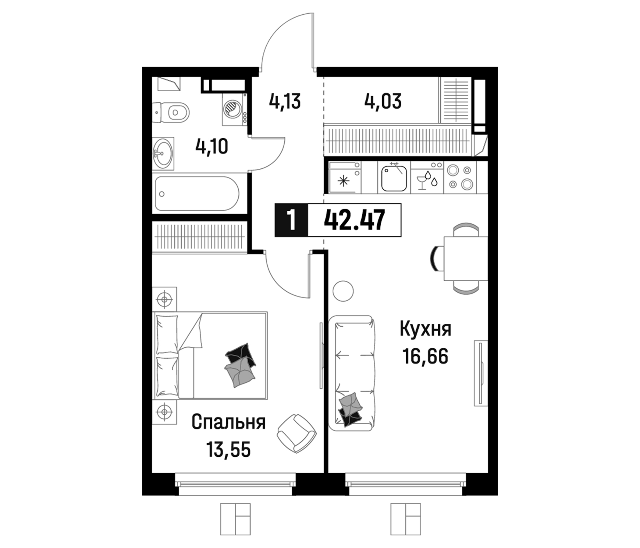 Планировка — Максималист, 2-комн., 42 м²