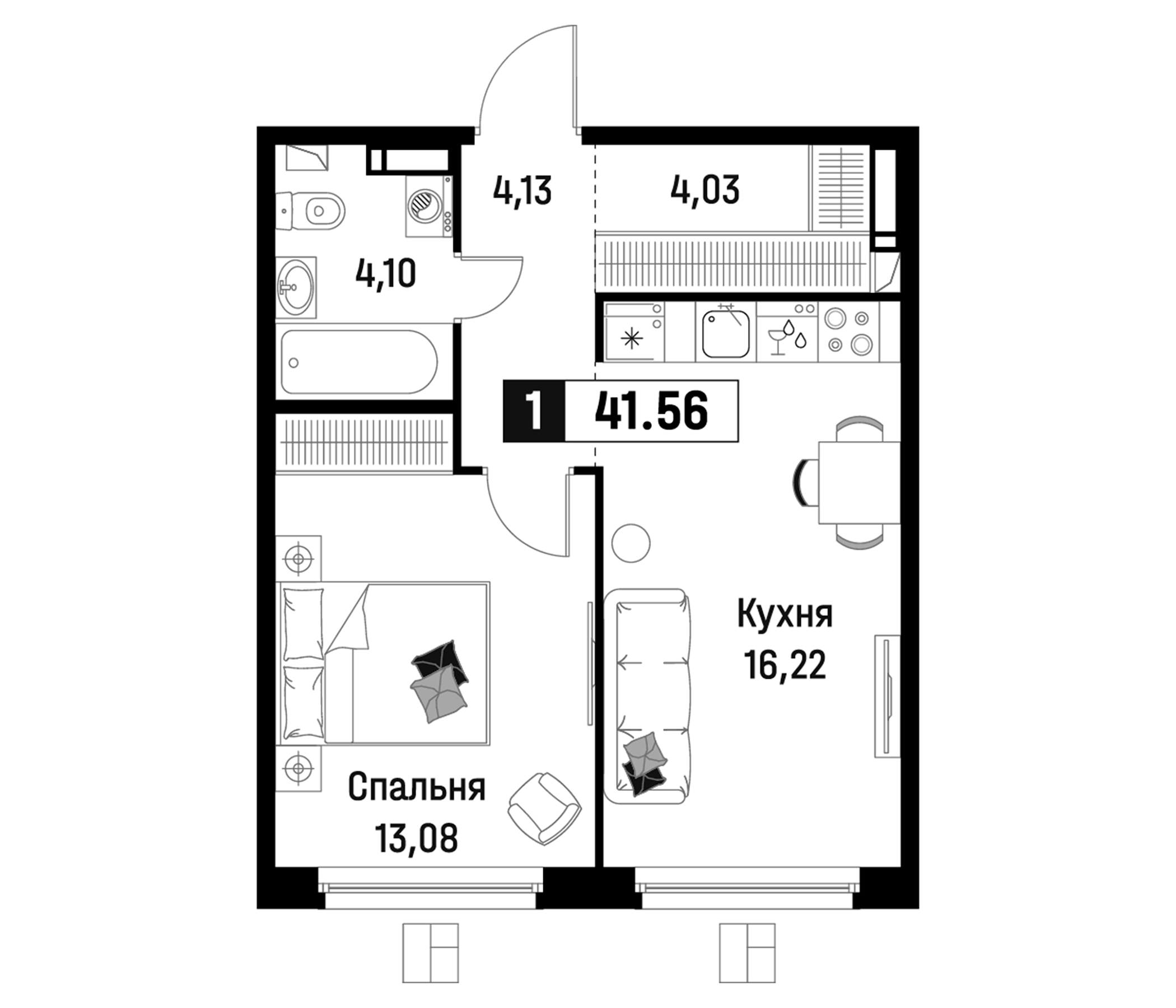 Планировка — Максималист, 2-комн., 42 м²