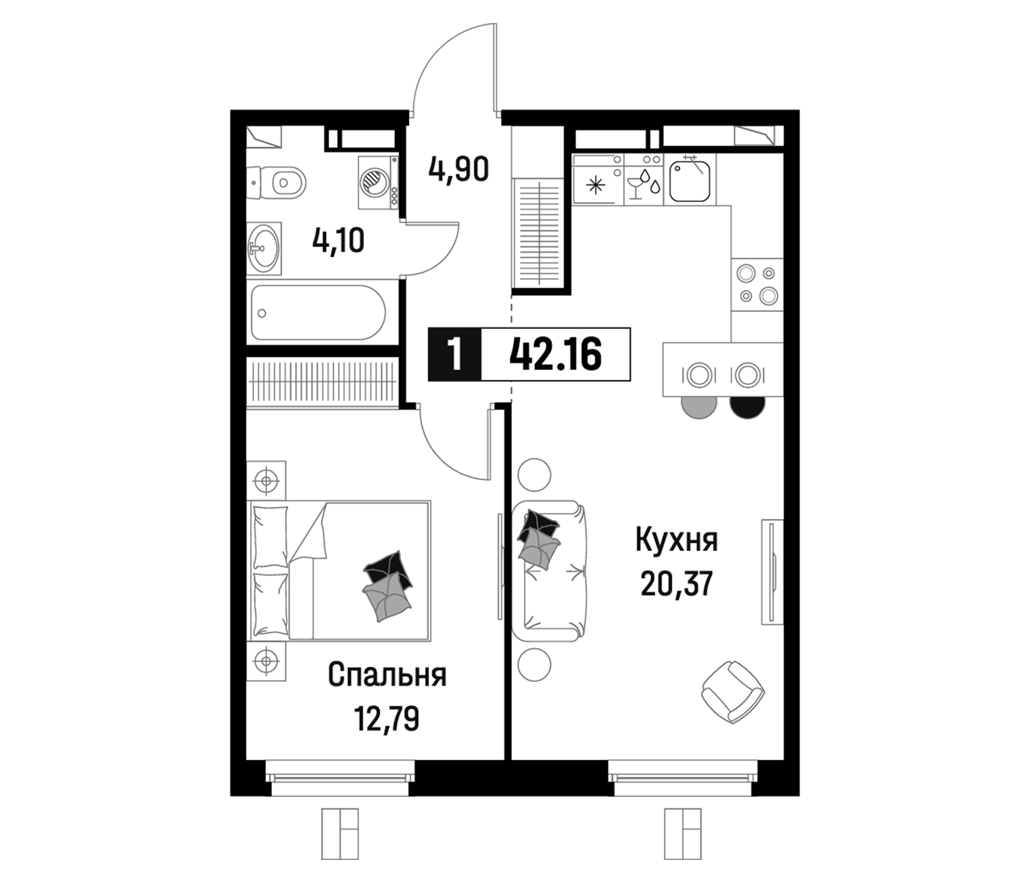 Планировка — Максималист, 2-комн., 42 м²
