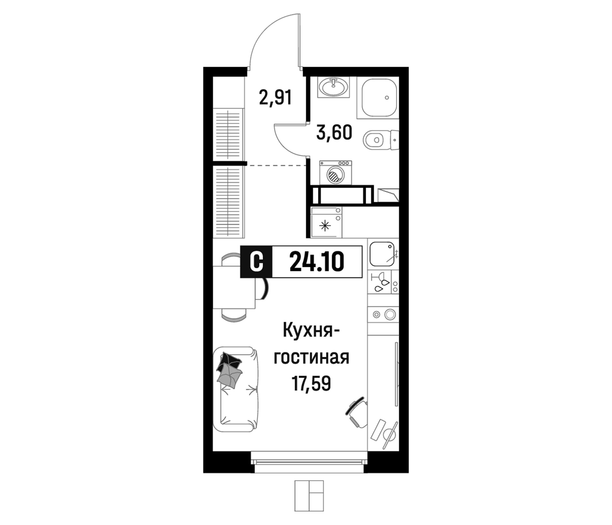 Планировка — Максималист, Студия, 24 м²