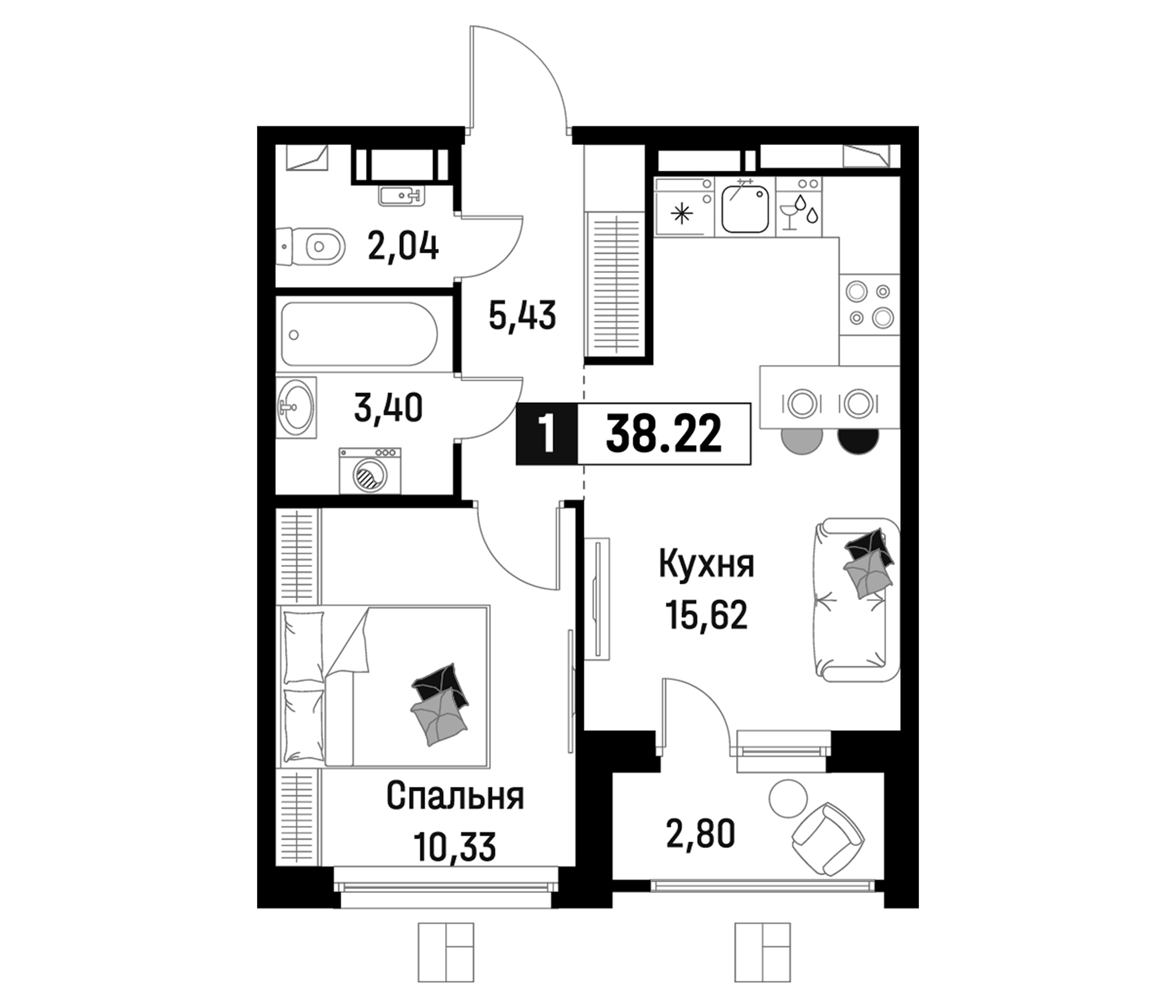 Планировка — Максималист, 2-комн., 37 м²