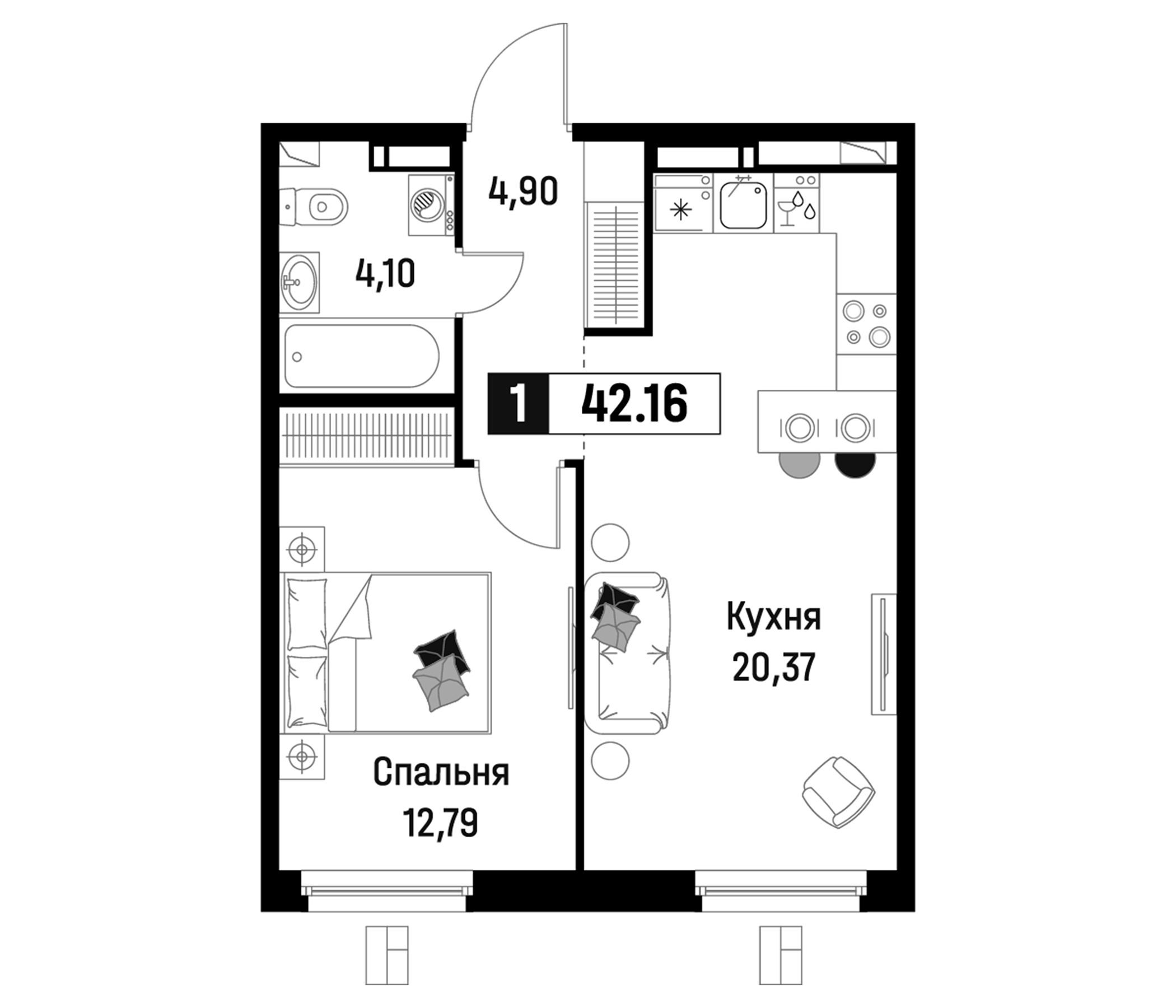Планировка — Максималист, 2-комн., 42 м²