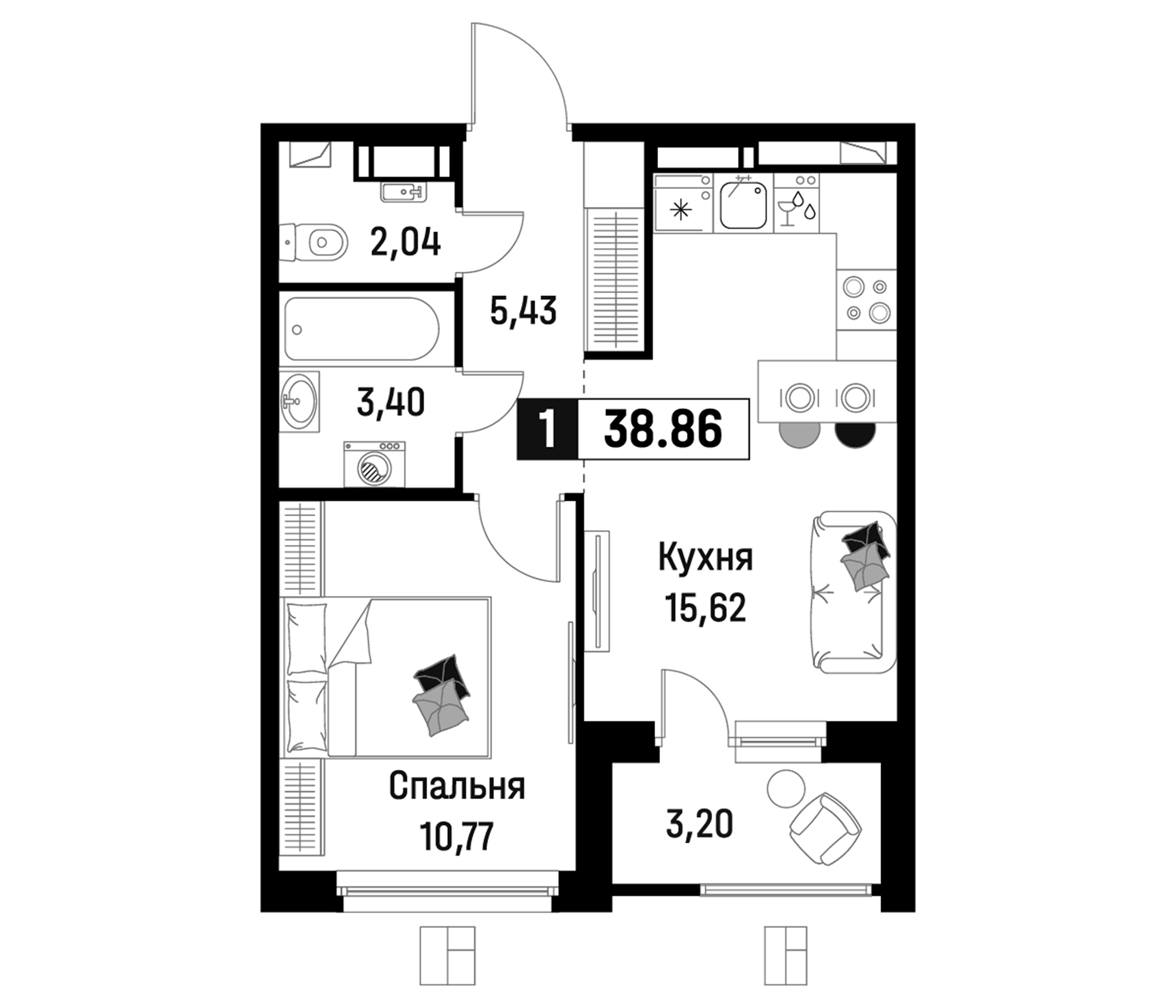 Планировка — Максималист, 2-комн., 37 м²