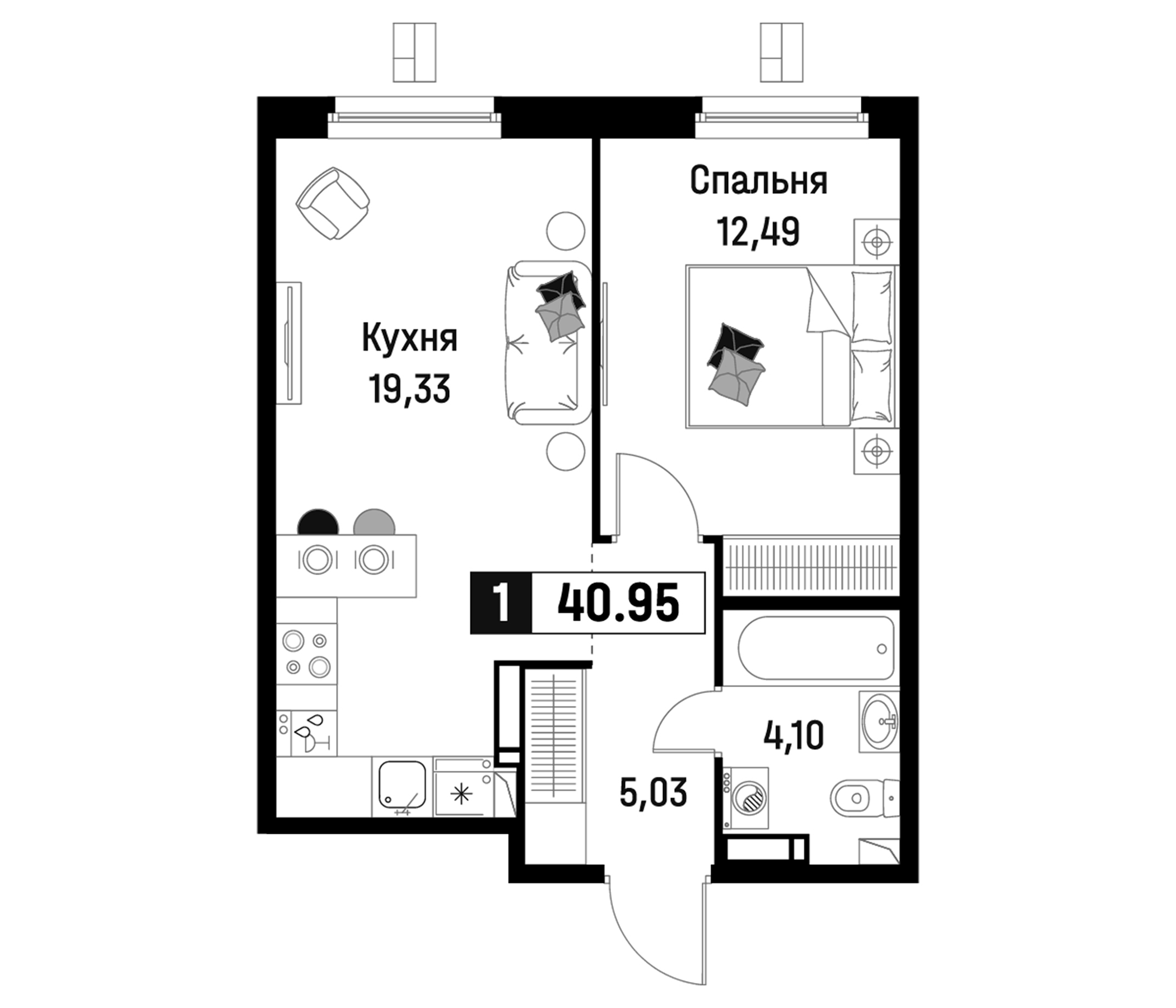 Планировка — Максималист, 2-комн., 41 м²