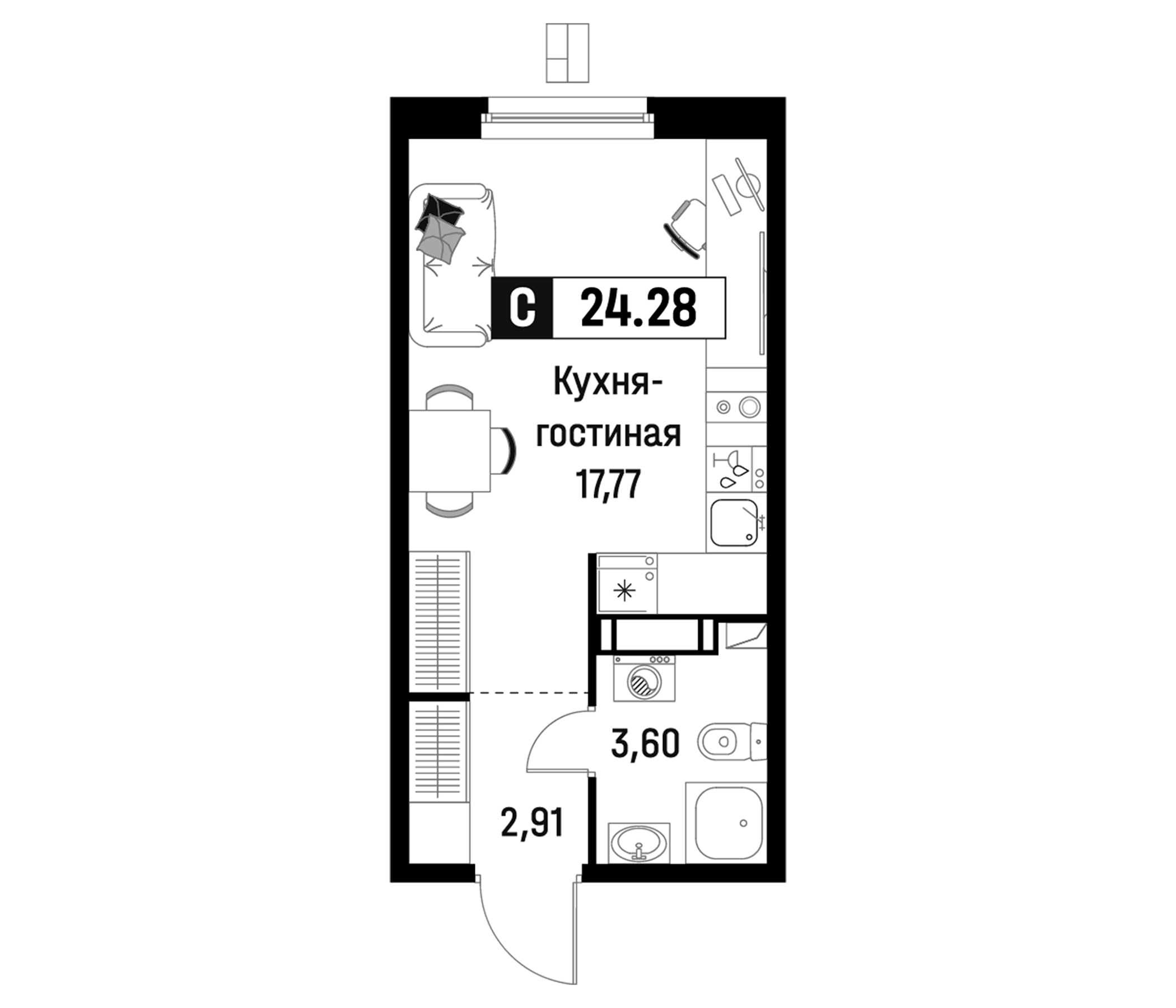Планировка — Максималист, Студия, 24 м²