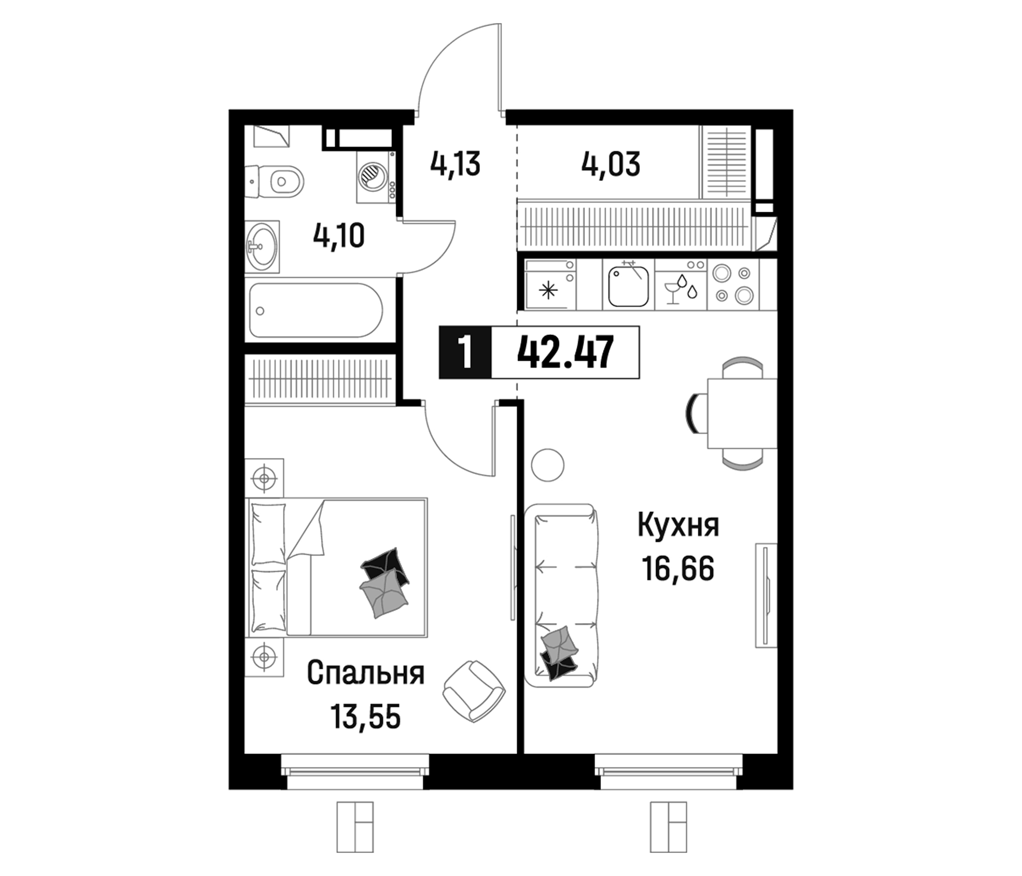 Планировка — Максималист, 2-комн., 42 м²