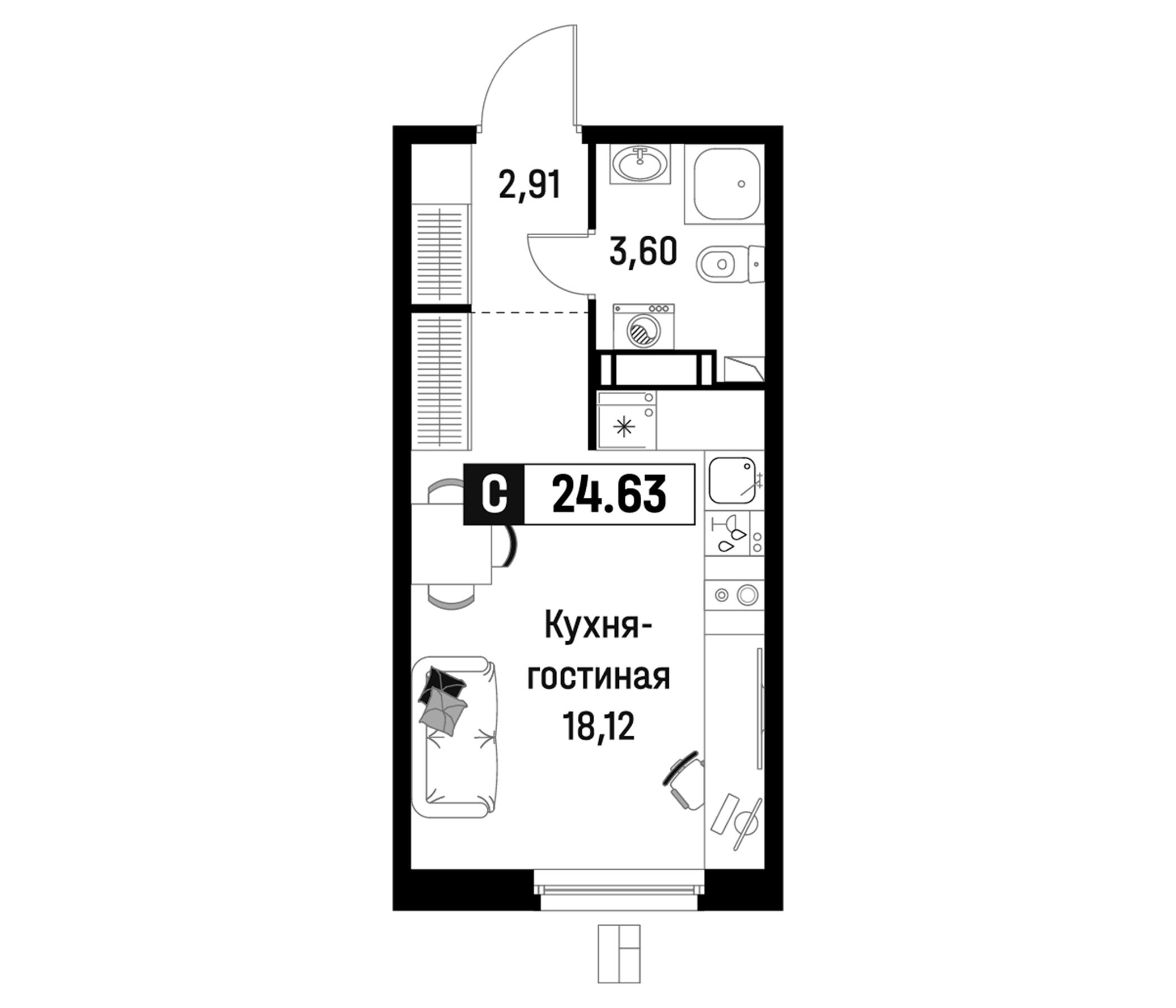 Планировка — Максималист, Студия, 25 м²