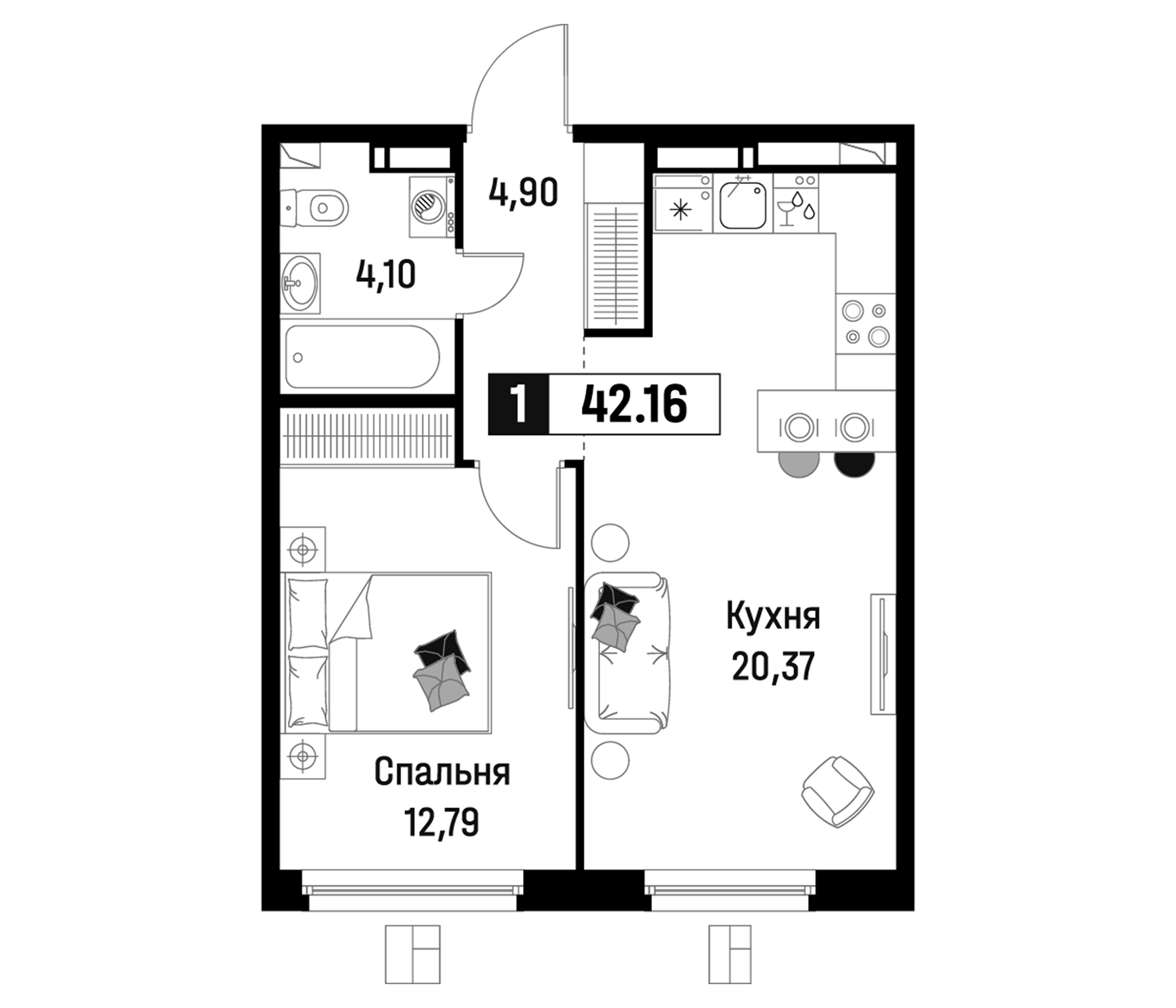 Планировка — Максималист, 2-комн., 42 м²