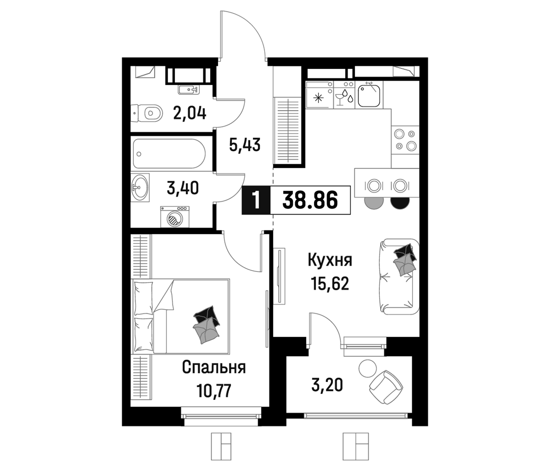 Планировка — Максималист, 2-комн., 37 м²