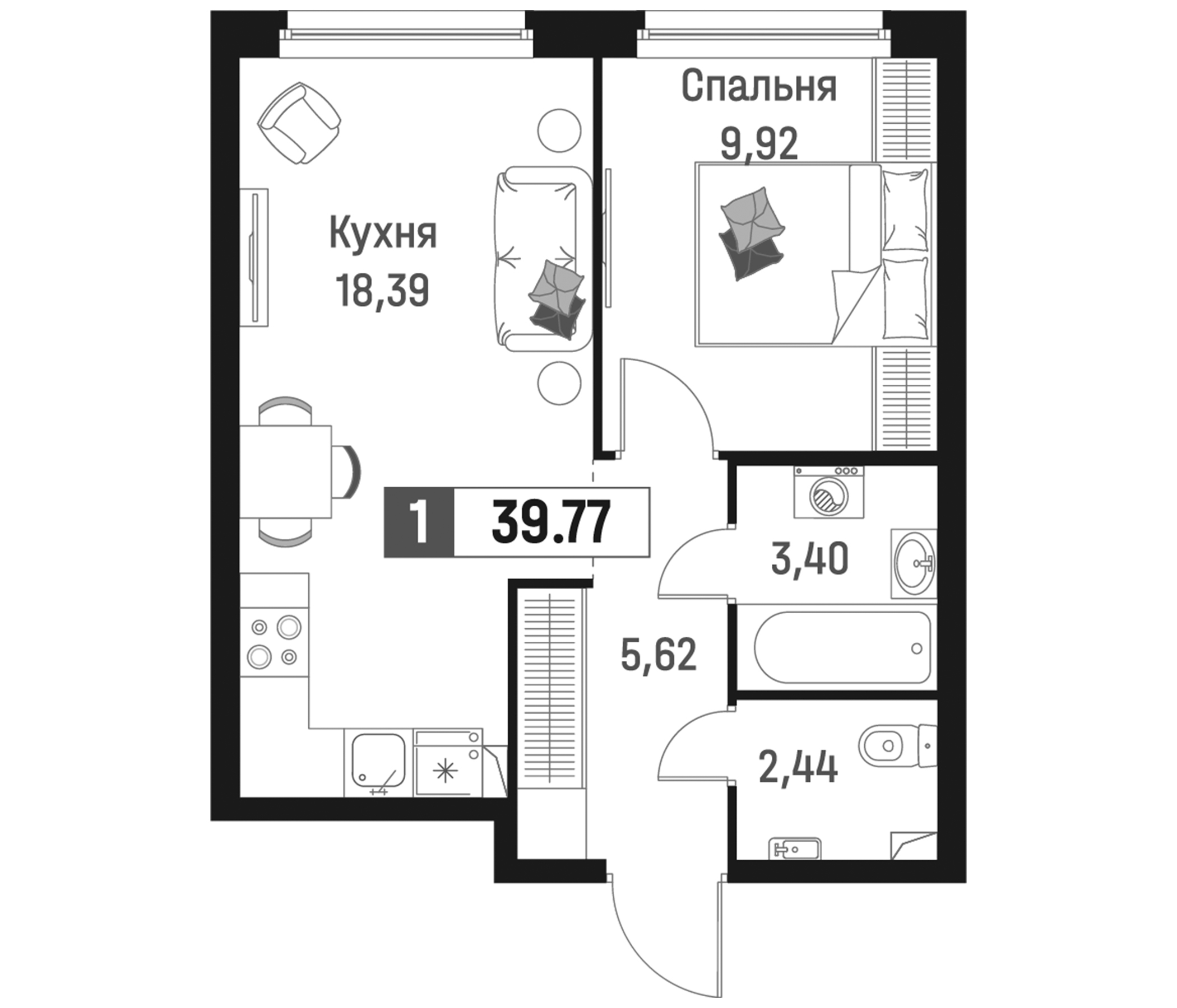 Планировка — Максималист, 2-комн., 40 м²