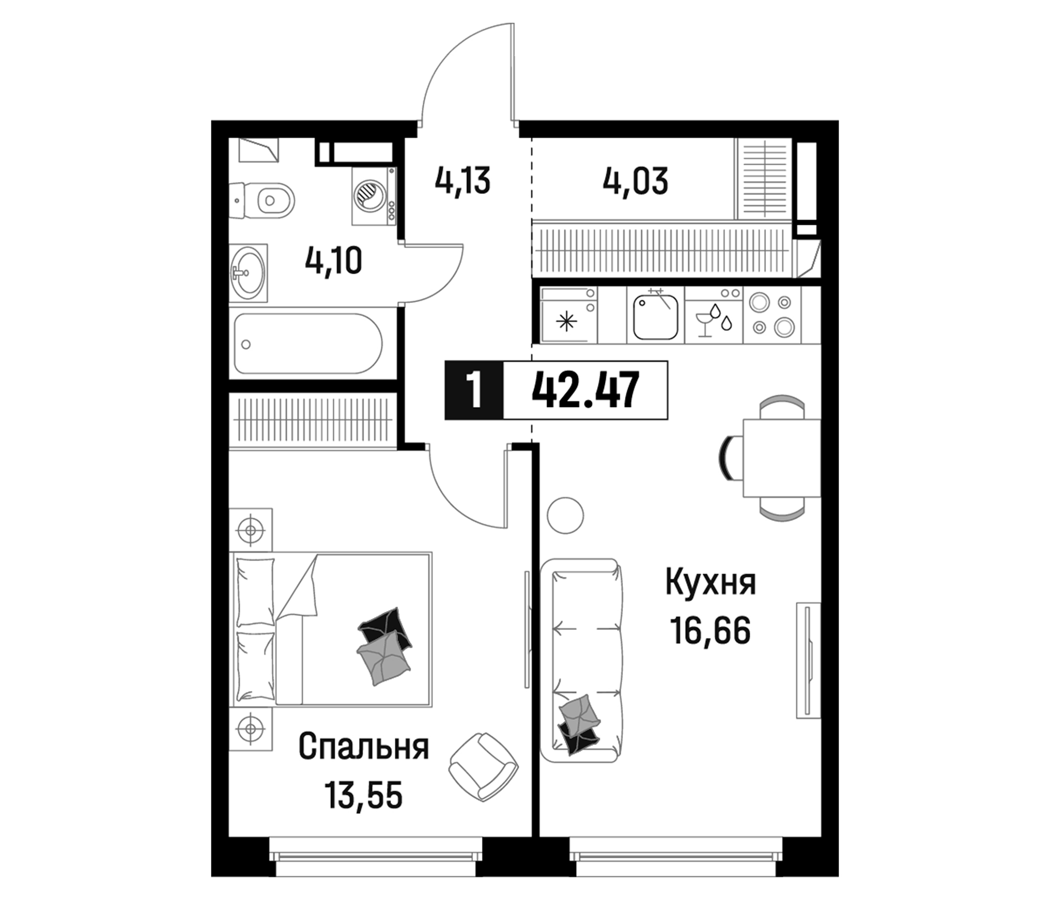 Планировка — Максималист, 2-комн., 42 м²
