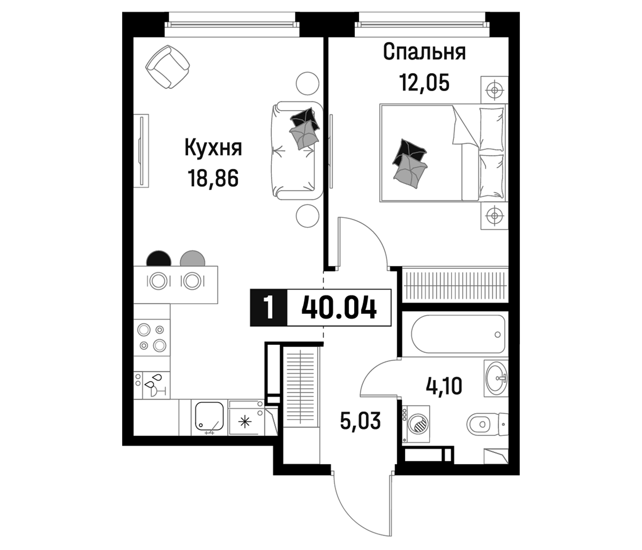 Планировка — Максималист, 2-комн., 40 м²