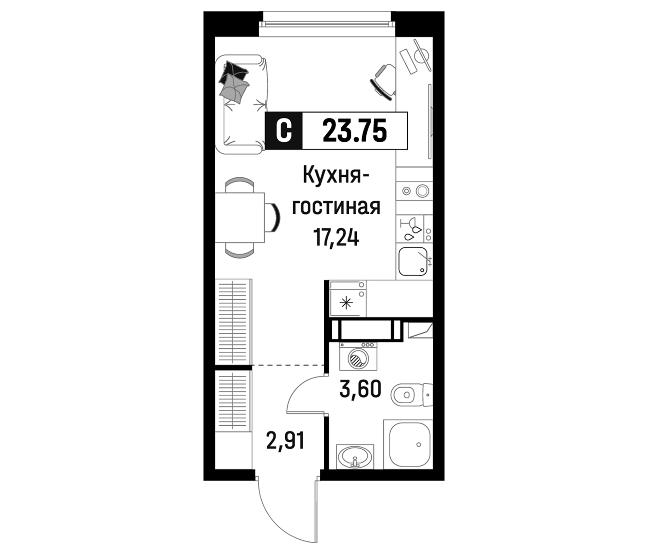 Планировка — Максималист, Студия, 24 м²