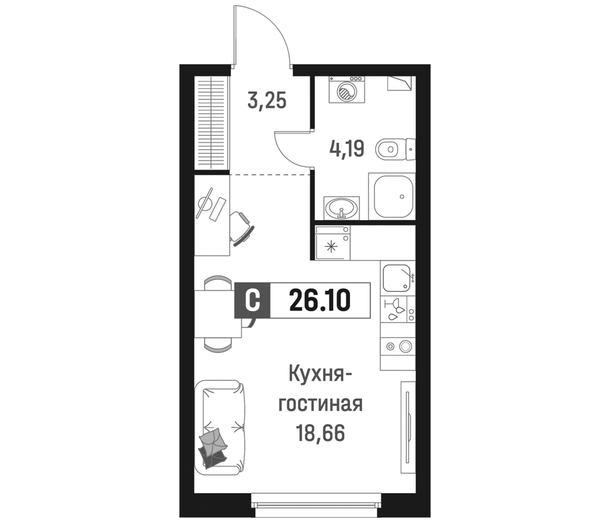 Планировка — Максималист, Студия, 26 м²